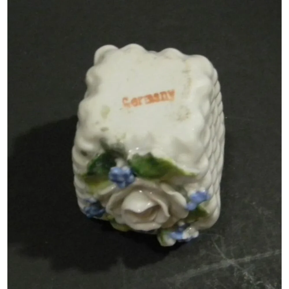 Vintage Mini Porcelain Basket Made In Germany Roses Blue Flowers